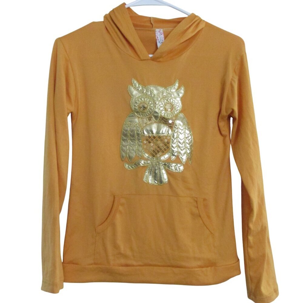 Chic's‎ Hooded T Shirt Womens Medium Regular Yellow Long Sleeve Owl Shirt Top